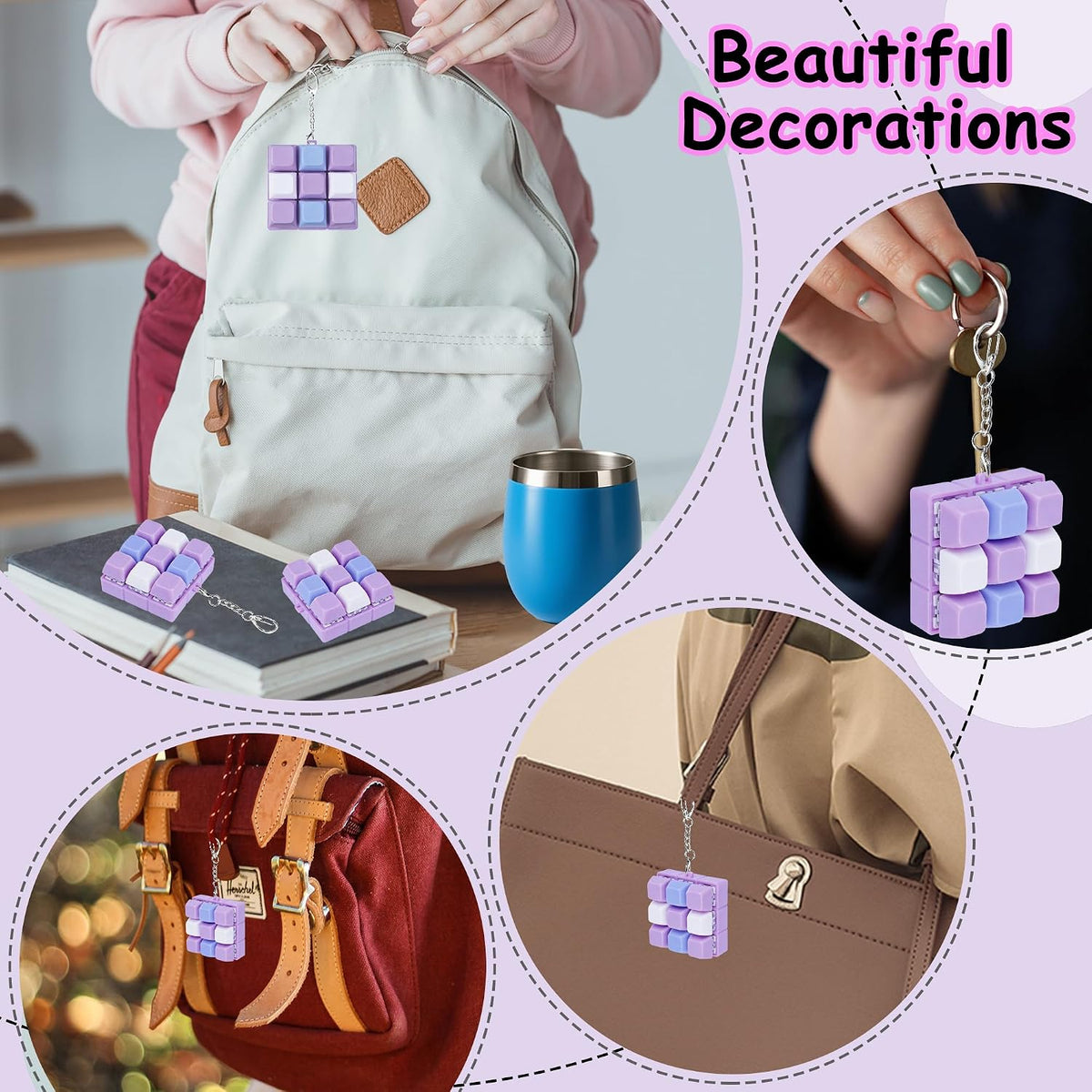 XiawaLangzhuo cat paw keyboard fidget toy, 9-in-1 clicker keychain in white and purple - view 13