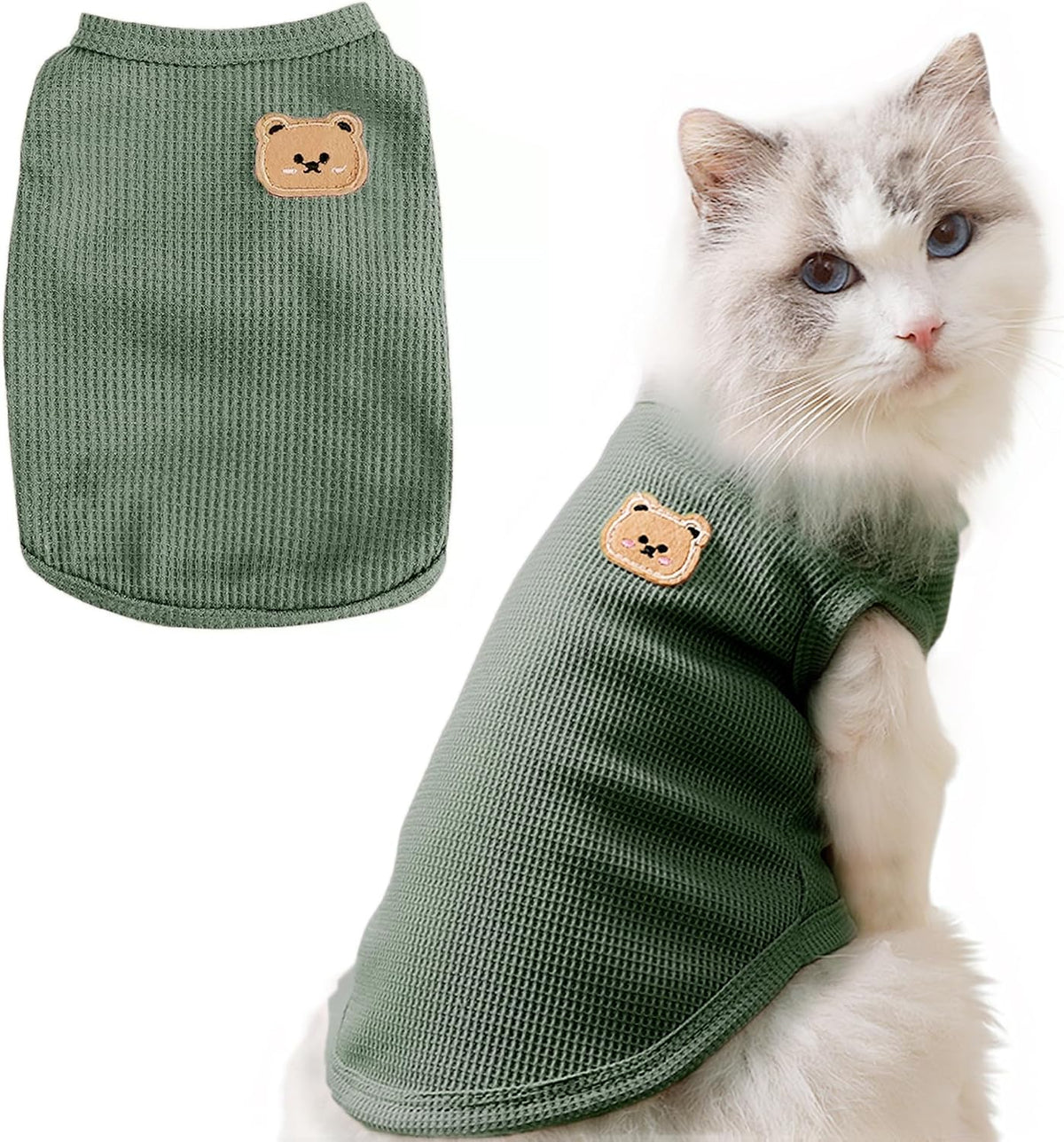 Waffle Knit Cat T Shirt, Puppy Shirt for Sphynx Cats - Green / Large(7.6-12lb)