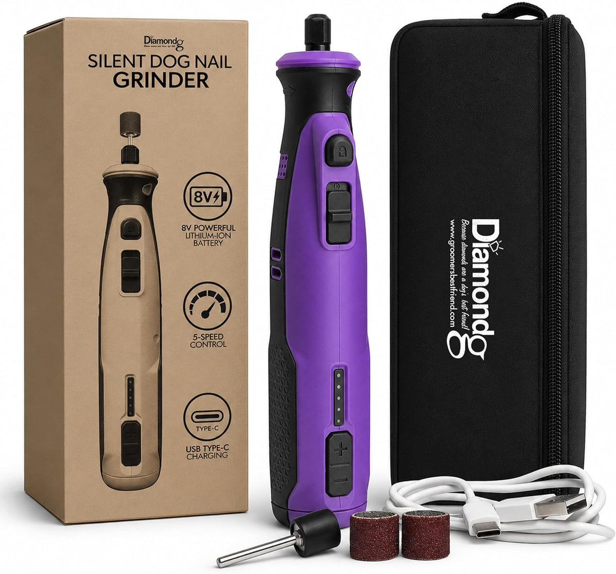 Diamondg cordless dog nail grinder with LED light tip and USB-C charging