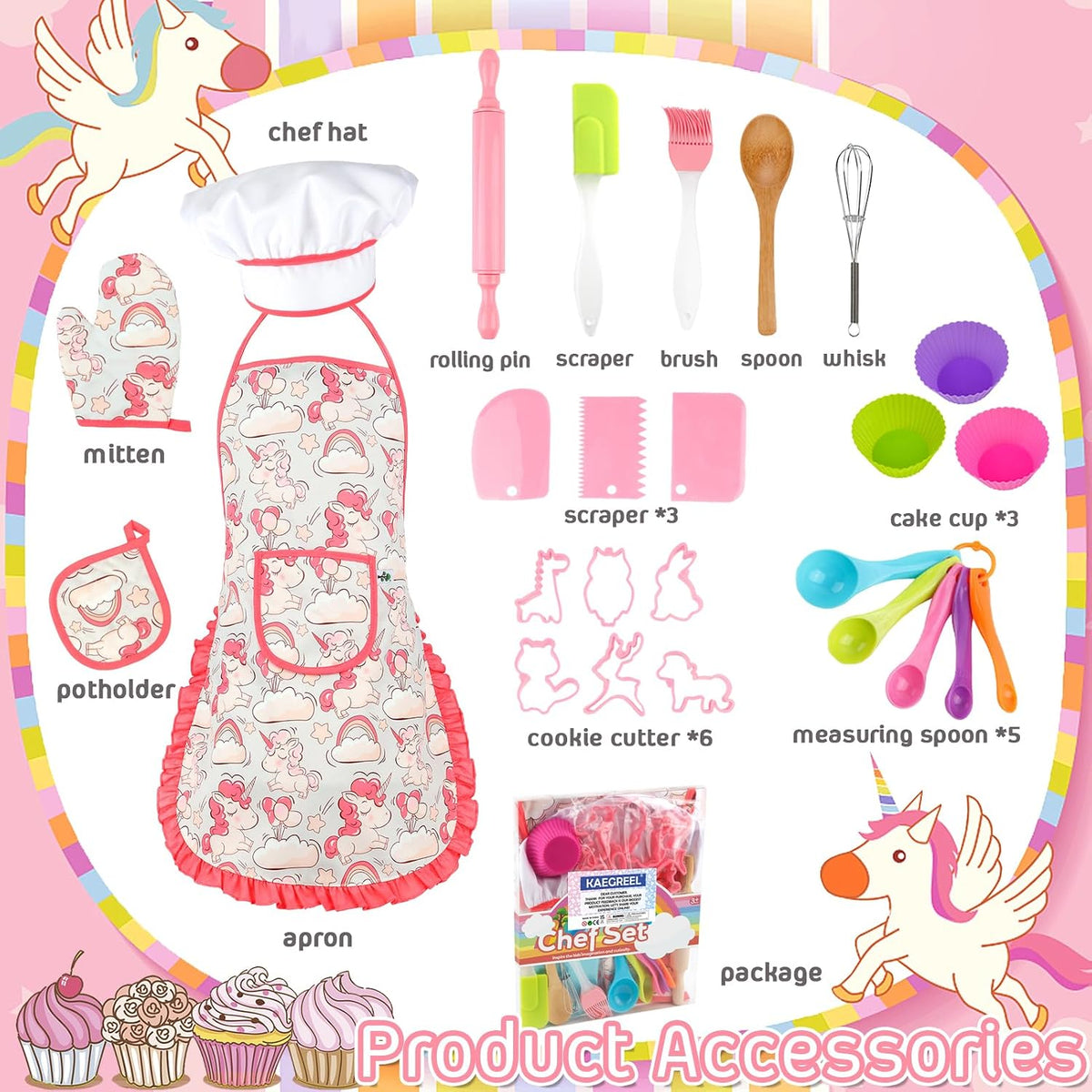 KAEGREEL Kids Baking Chef Set with Unicorn Apron and Mitt - Pink Unicorn Apron +6 Animal Model Cookie Cutters - image 3