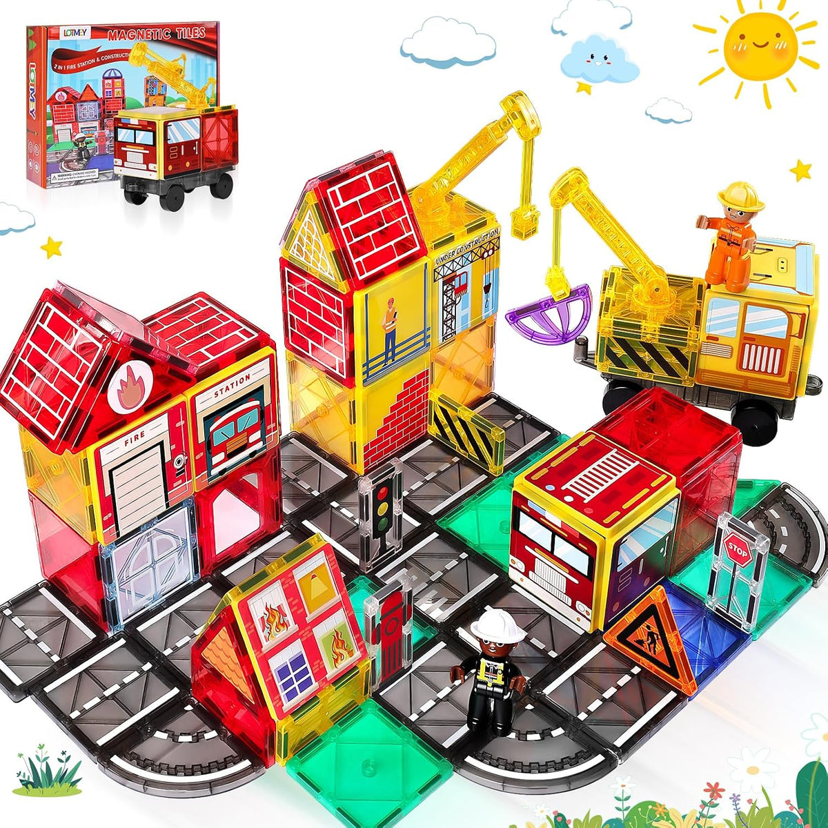 Lotmey magnetic tiles road set with 2 cranes, dolls, fire station and road tiles