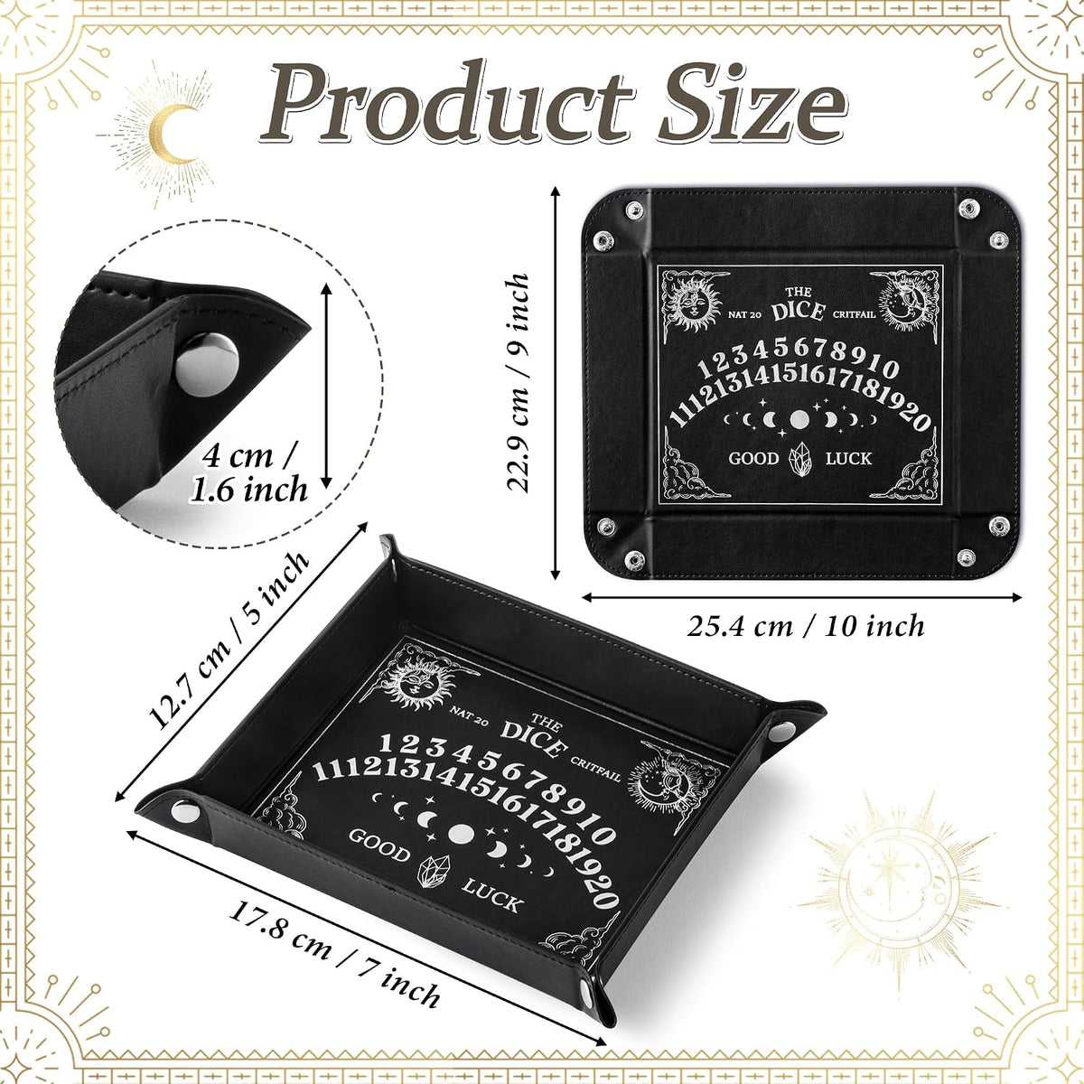 Haooryx Ouija design folding PU leather dice tray with raised edges and snap closure - view 2