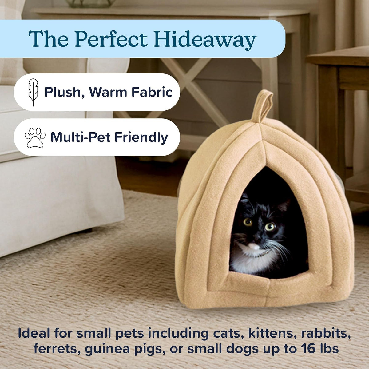 PETMAKER Cat House Indoor Bed with Removable Foam Cushion - Tan / (L) 13.5” x (W) 13.5” x (H) 15” - image 2