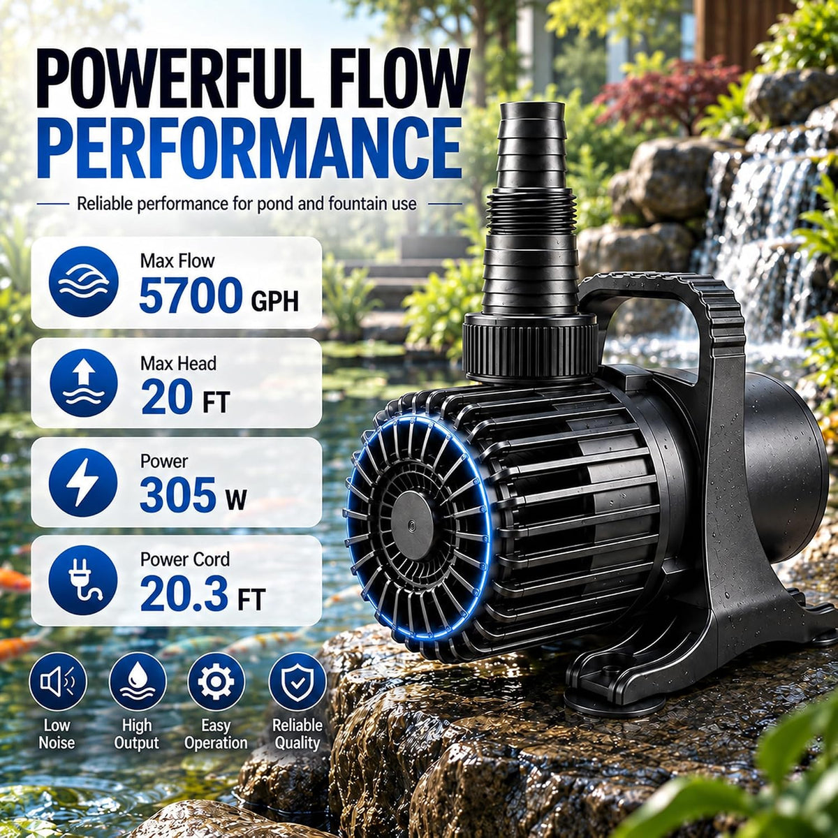 350W 7000 GPH Pond Pump, Ultra Quiet Heavy Duty Submersible Water Pump for Koi Ponds, Fountains - 5700GPH-305W - image 3