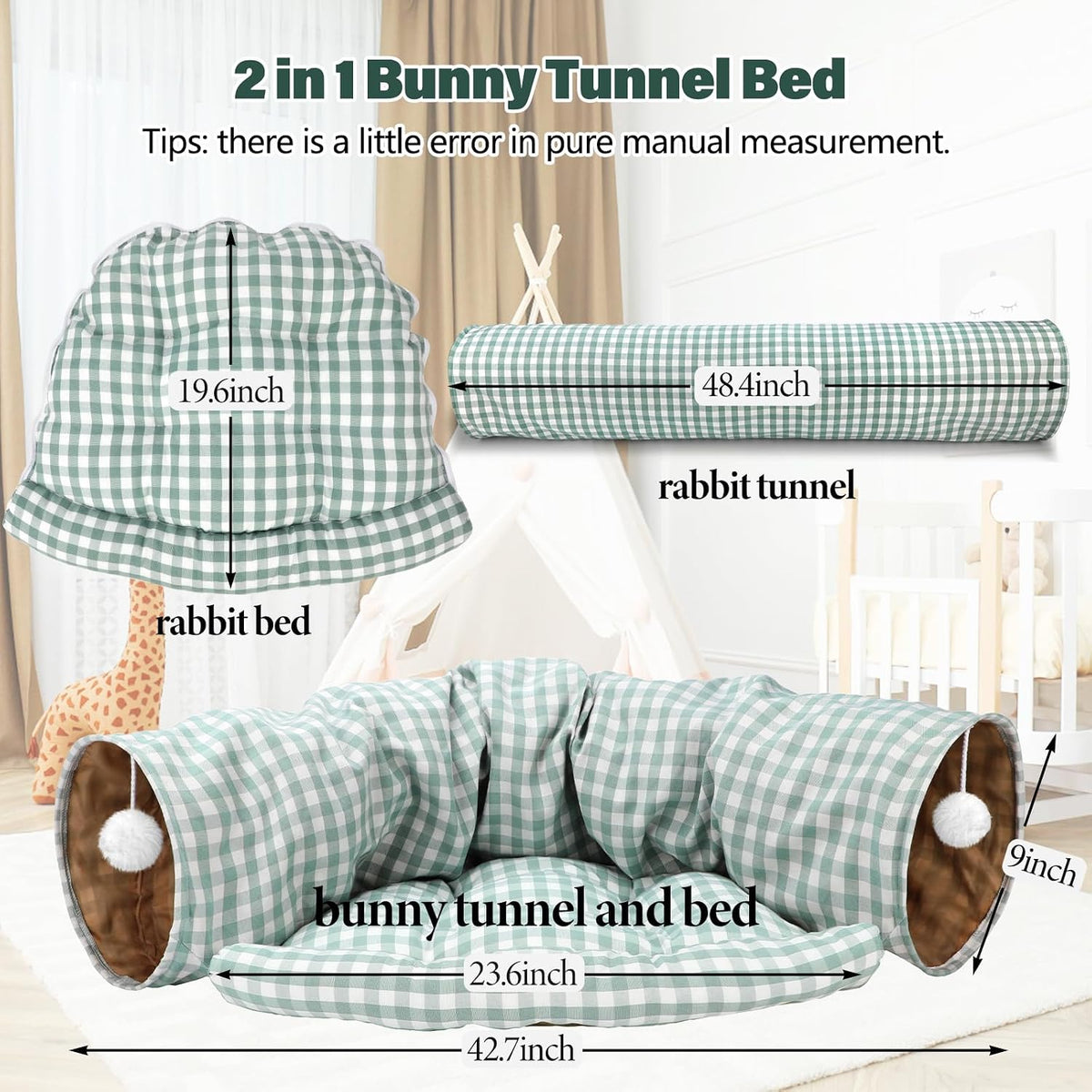Bunny Tunnel Bed, 2-in-1 Collapsible Rabbit Tunnel Hideout with Mat – Essentials for Small Pets - GreenPlaid - image 2