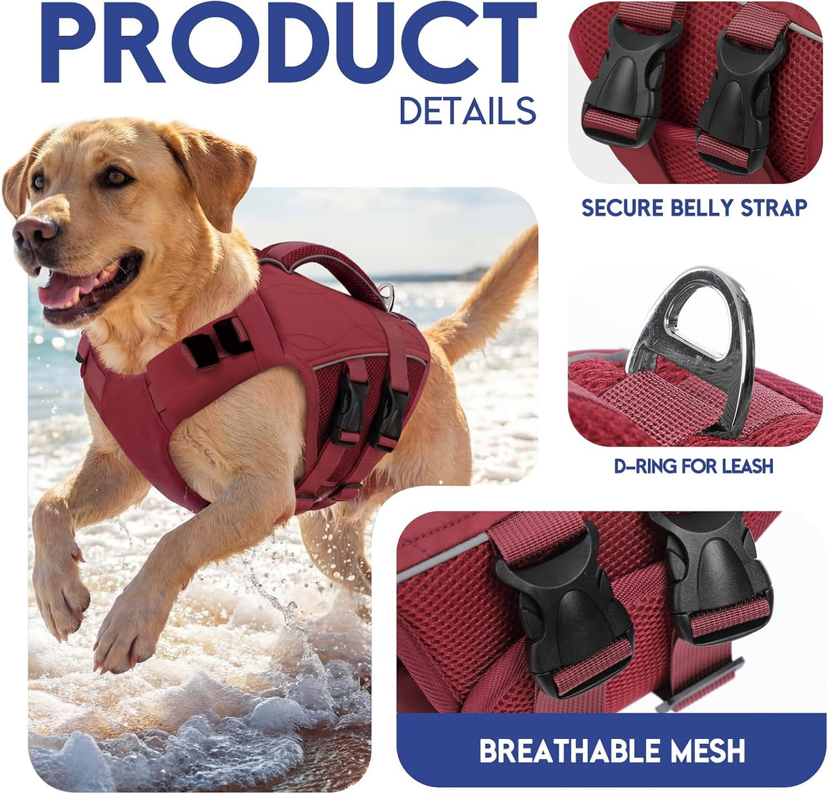 ASENKU Dog Life Jacket, High Floatation Dog Swimming Vest with Rescue Handles for Small Medium - Xx-large / Wine Red - image 2
