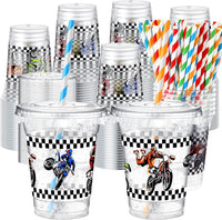 Teenyyou 12 oz clear plastic party cups with dirt bike design, lids and paper straws - view 6