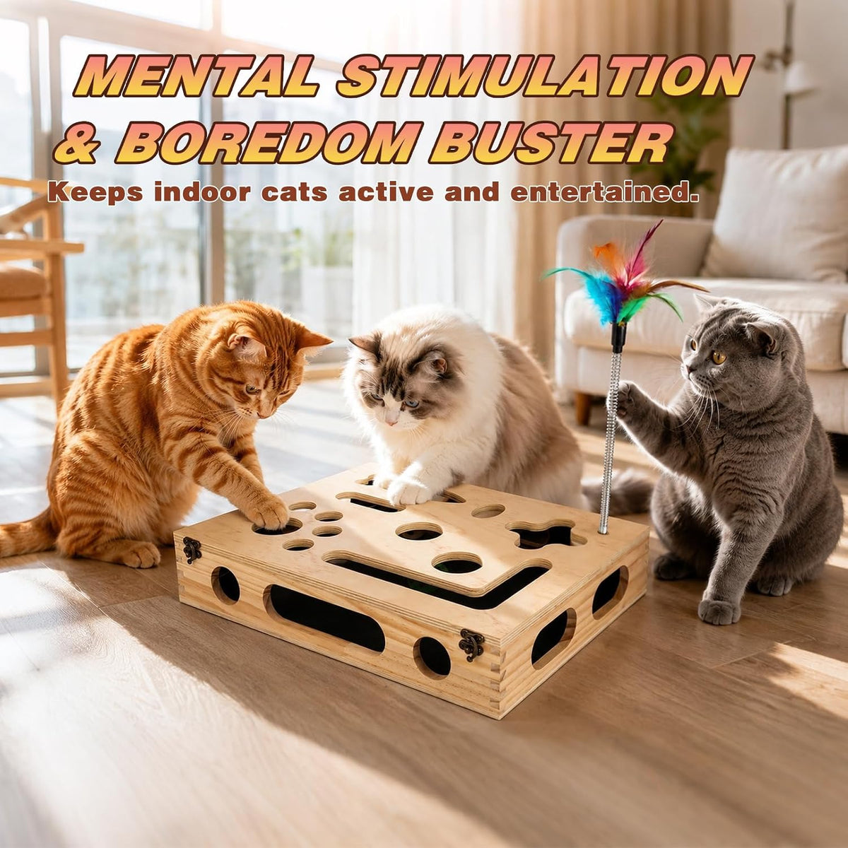 OPDEKEHA wooden cat scratch puzzle enrichment box with bell balls and feather wands - view 4