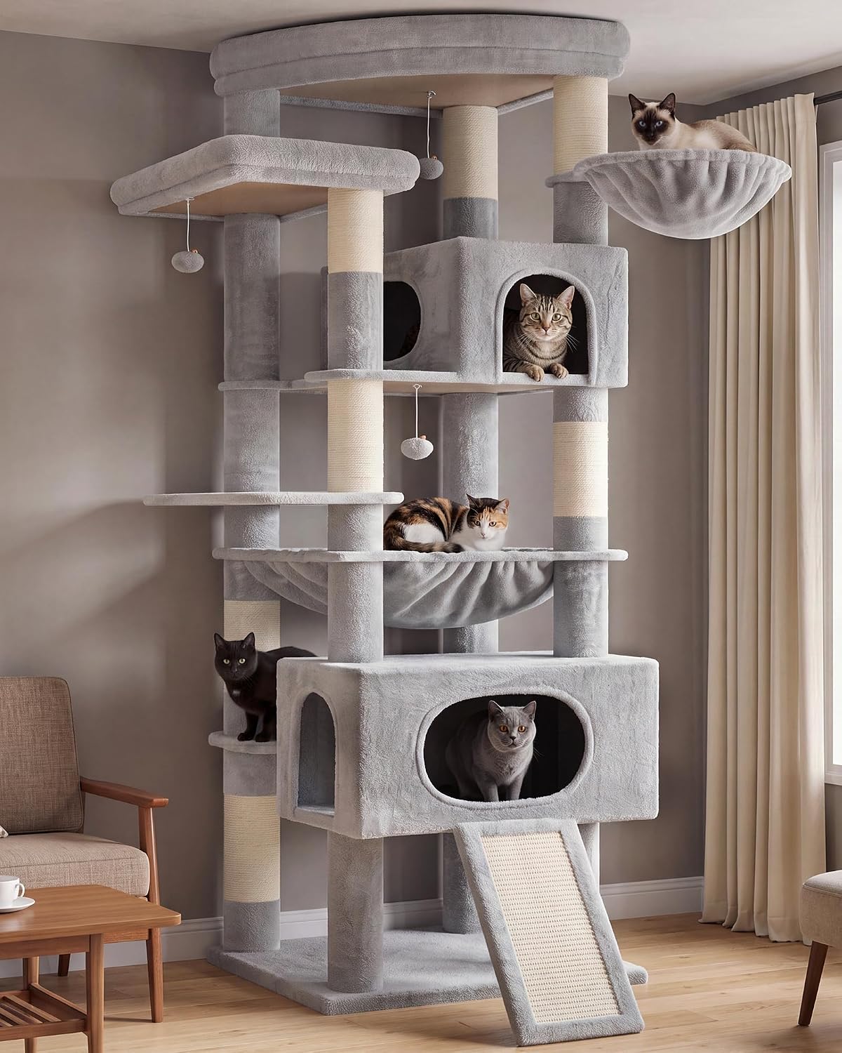 Cat Tree, 74" Tower for Large Cats, Big Condo & Hammock GCT030G – Essentials for Cats - 78.7 inch / Light gray