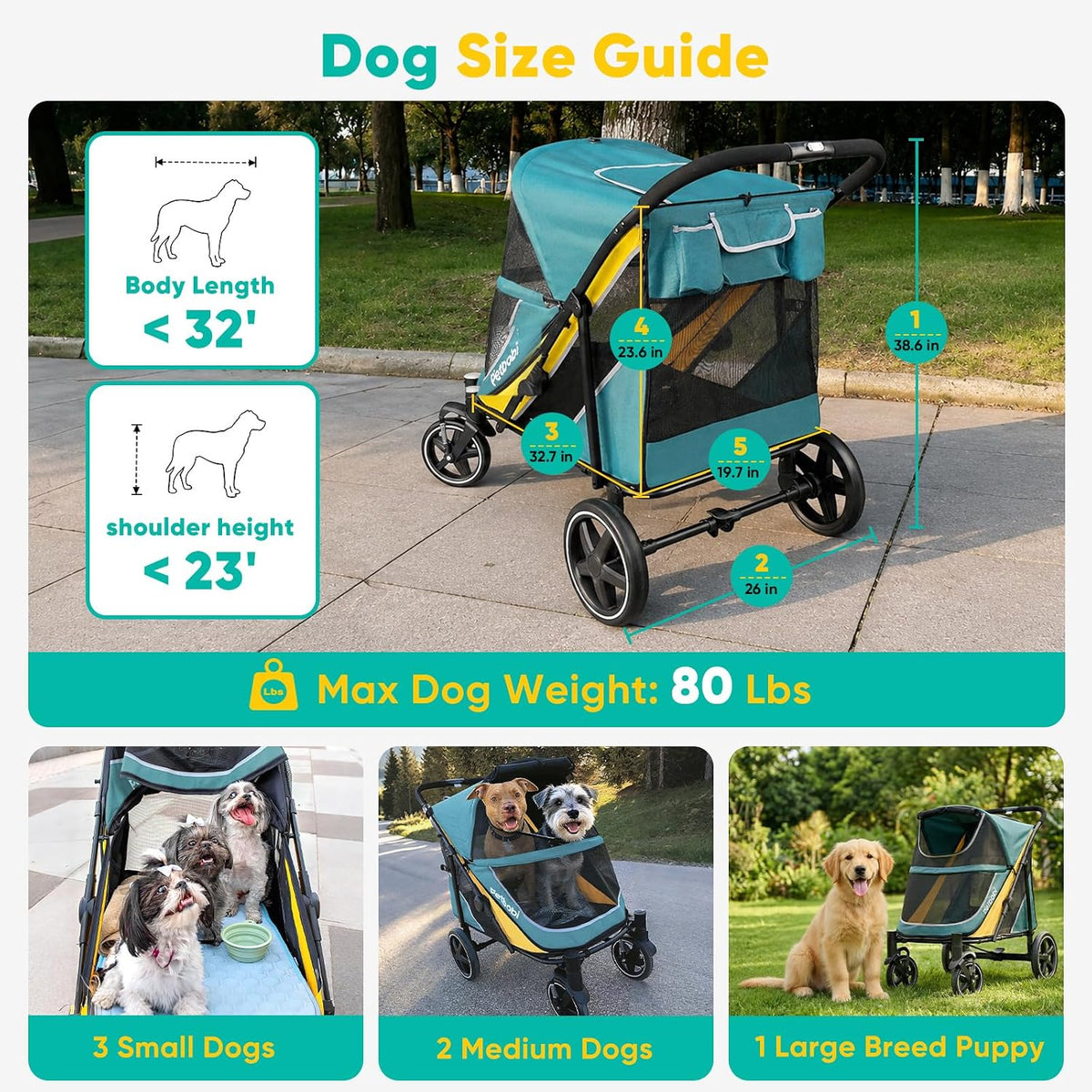 Petbobi Dog Stroller for Large Medium Dogs up to 80 lbs - Green&Yellow - image 2