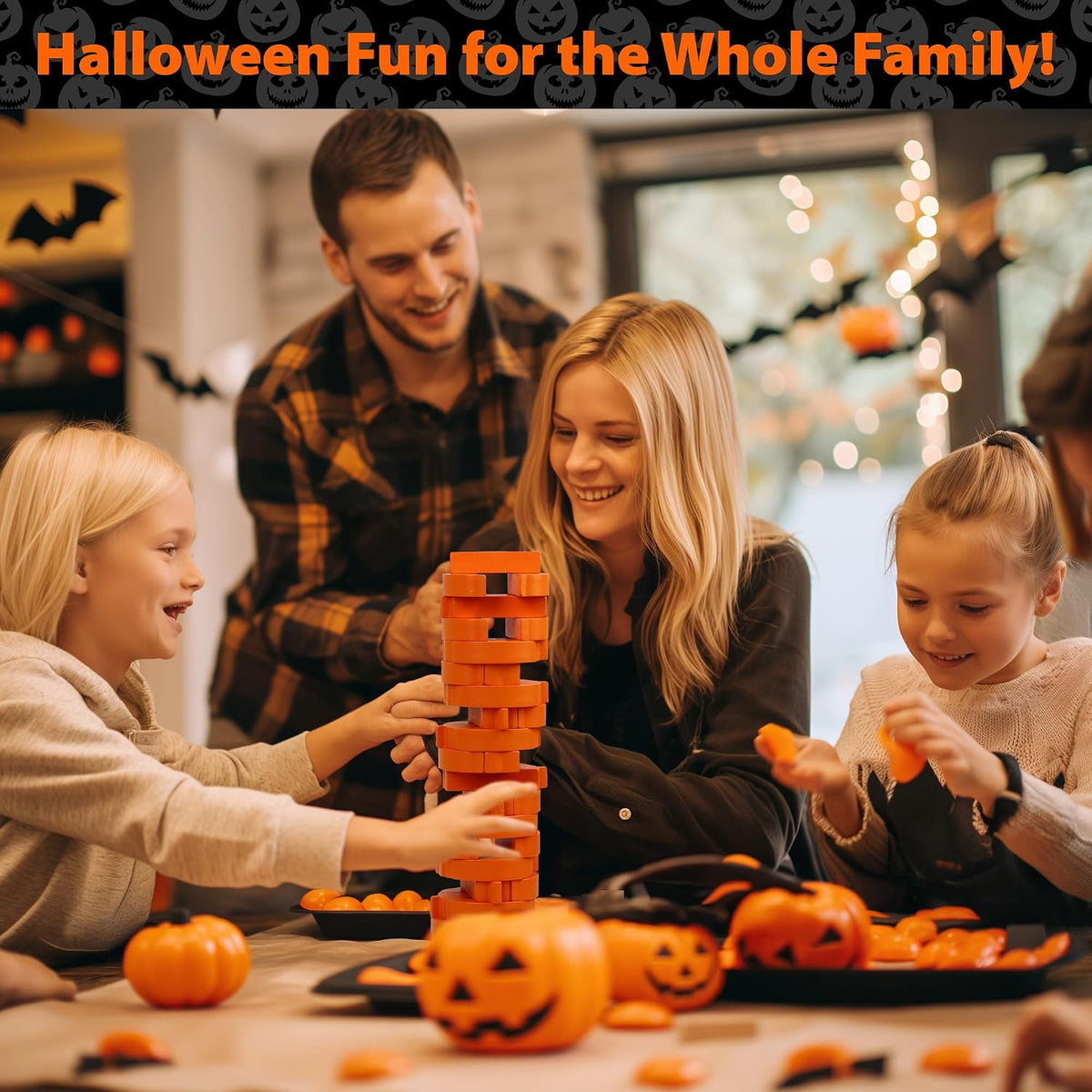 Funwares Stack-O-Lantern wooden pumpkin stacking game blocks in a tower - view 6