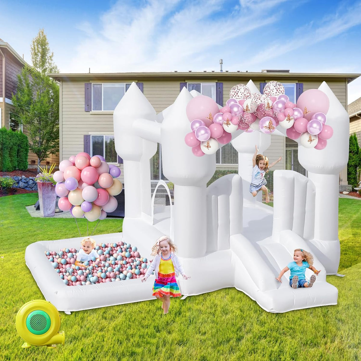 FINCOME 10 in 1 inflatable bounce house with double water slides, climbing wall and splash pool