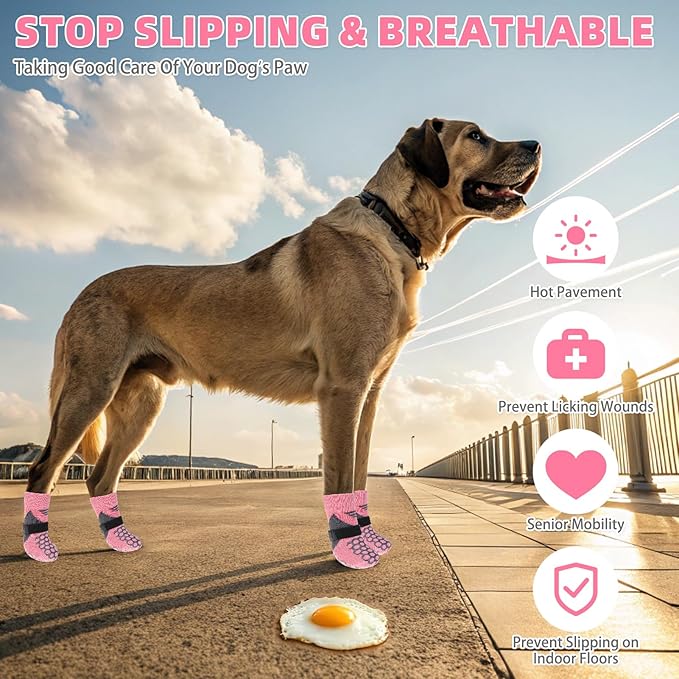 KOOLTAIL Dog Socks for Hot Pavement, Summer Breathable Dog Socks to Prevent Licking Paws, Non Slip Pet Boots & Paw Protectors for Hardwood Floor,Grippy Shoes for Small Medium Large Senior Dogs,Pink XL