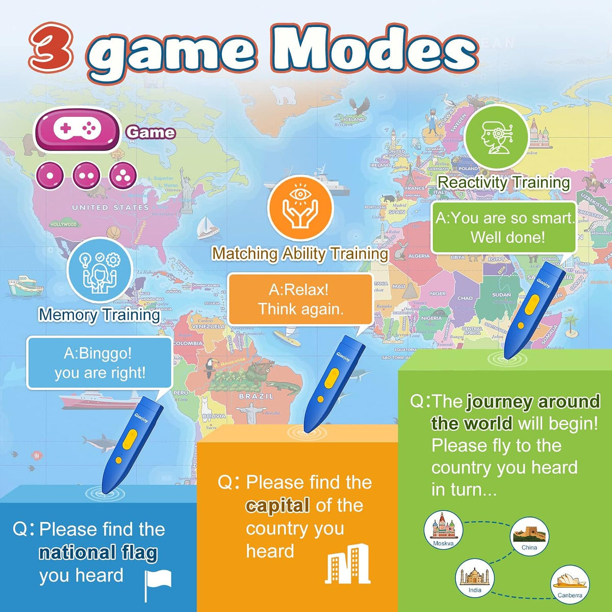 Qiaojoy Bilingual Interactive World Map for Kids Learning Educational - World Map - image 3