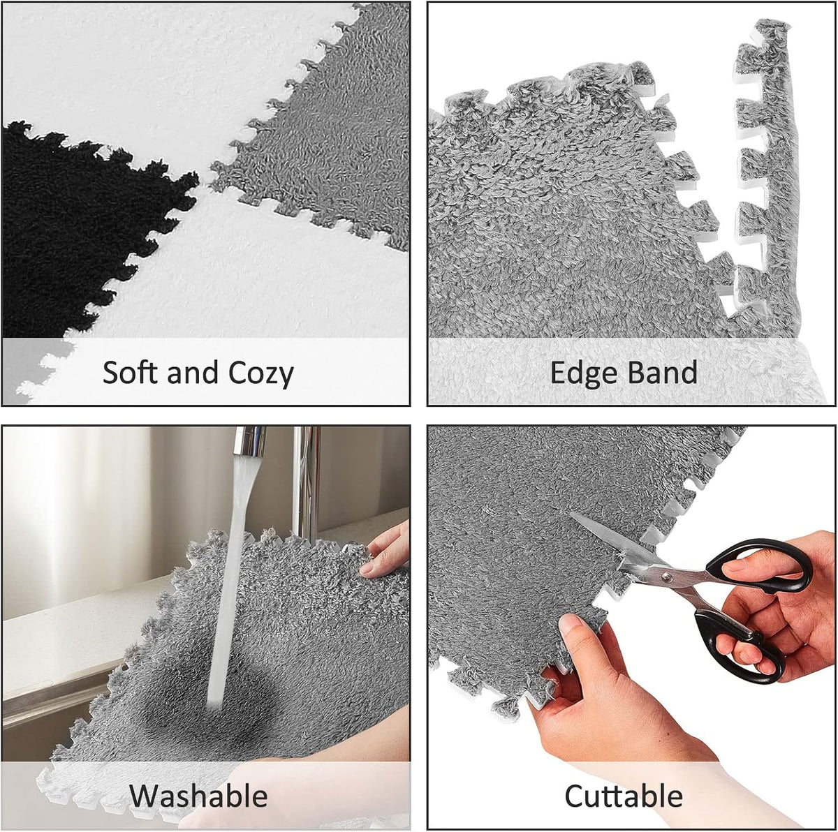 Amylove 18 Pcs Plush Foam Interlocking Carpet Tiles, Beige, Pink - Black, White, Gray - image 3