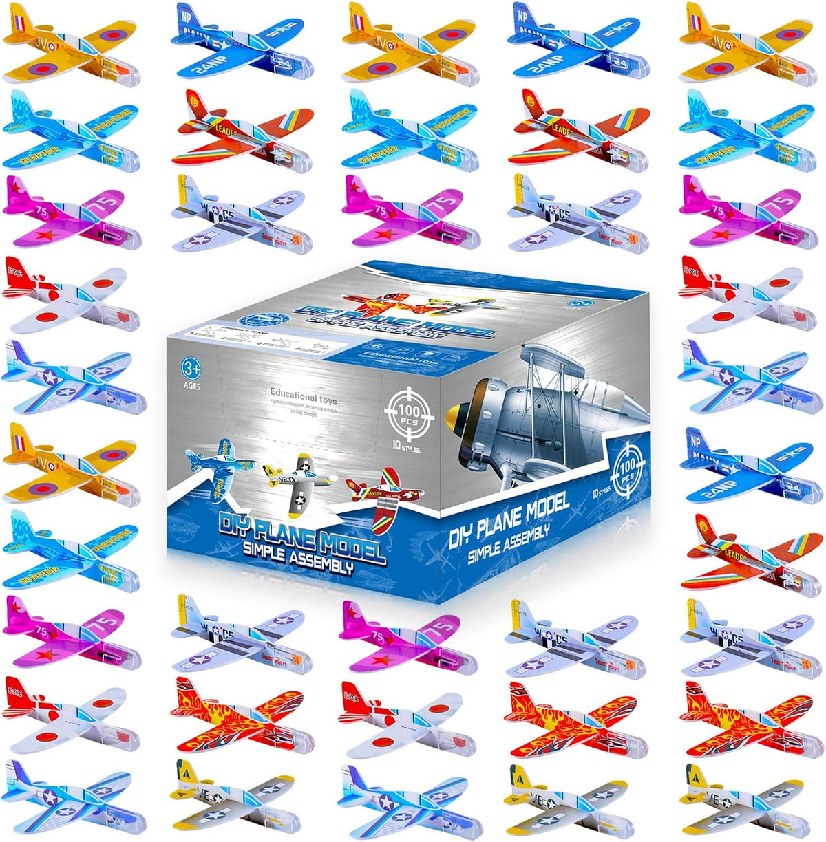 LUCKY GUESS 100-pack of colorful 4-inch foam glider planes for kids