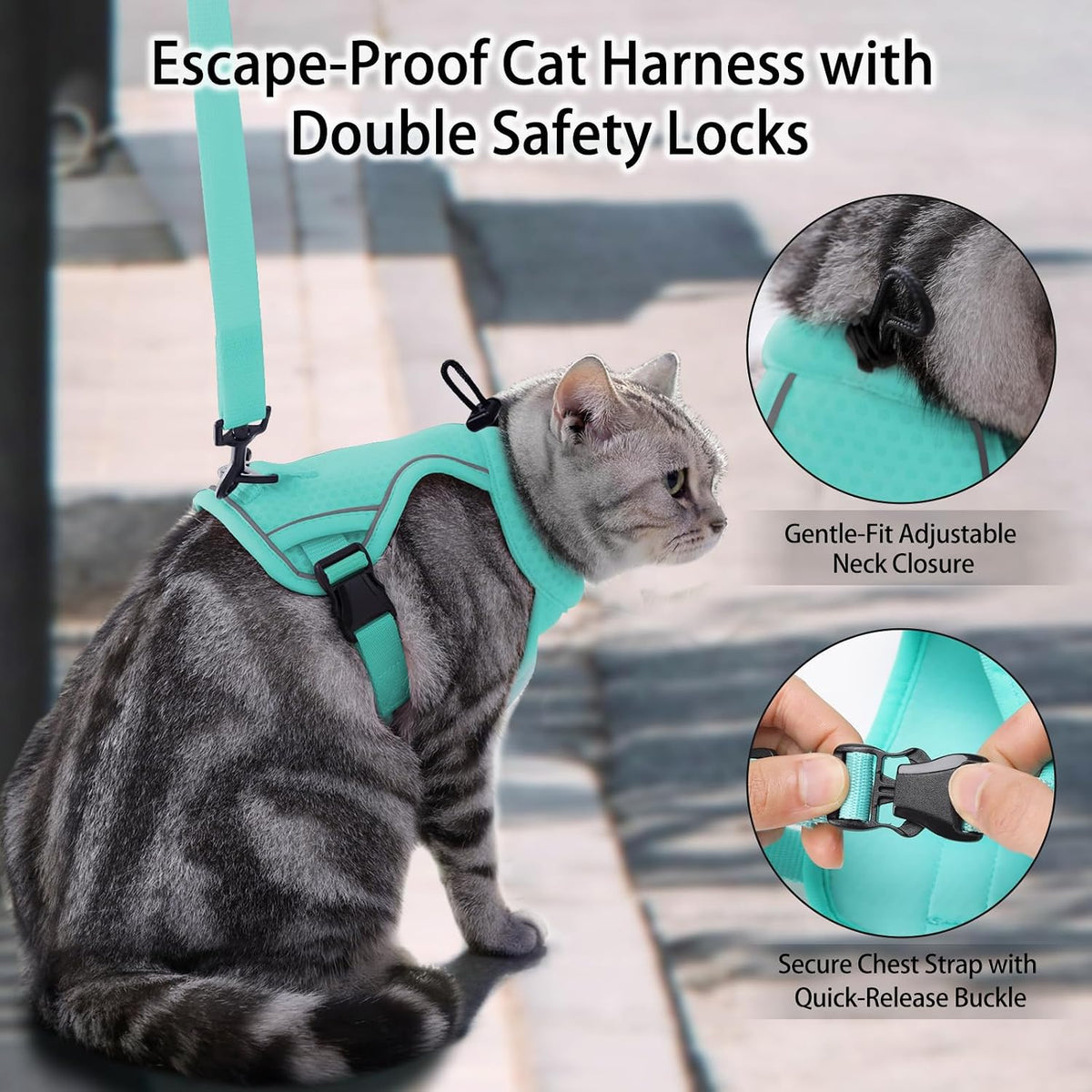 Dotoner Escape Proof Cat Harness and Leash Set Adjustable Soft Mesh - Turquoise / Medium - image 3