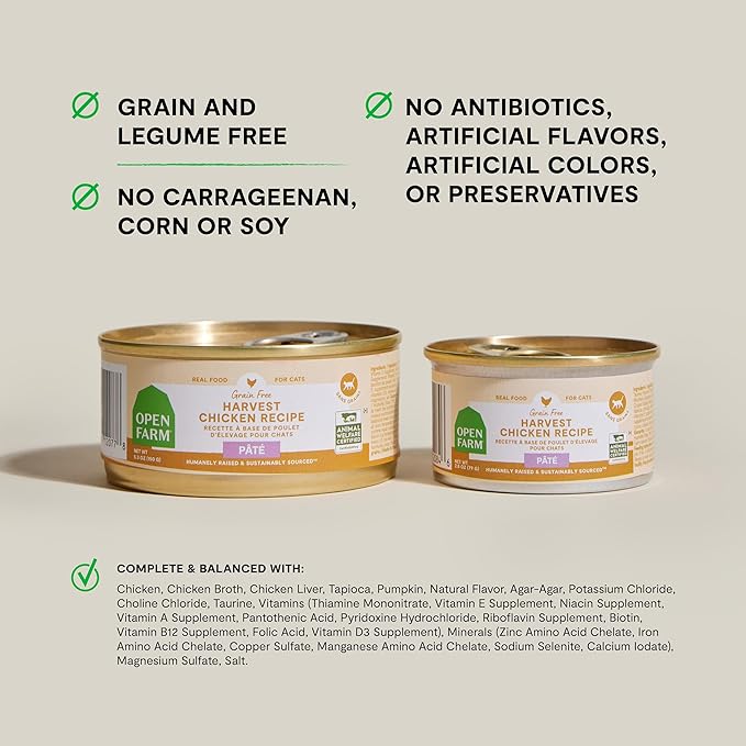 Open Farm Canned Cat Food, Paté for Complete & Balanced Nutrition, Grain-Free and Legume-Free Wet Cat Food, Harvest Chicken Recipe, 5.3oz Cans (Case of 12)