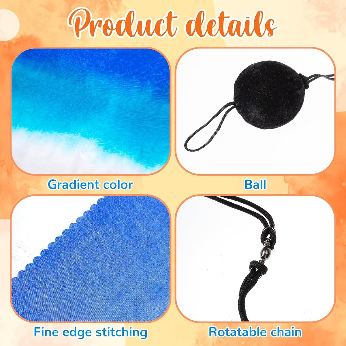 Jenaai silk veil poi set of 4 with black balls and adjustable chains in bright colors - view 26