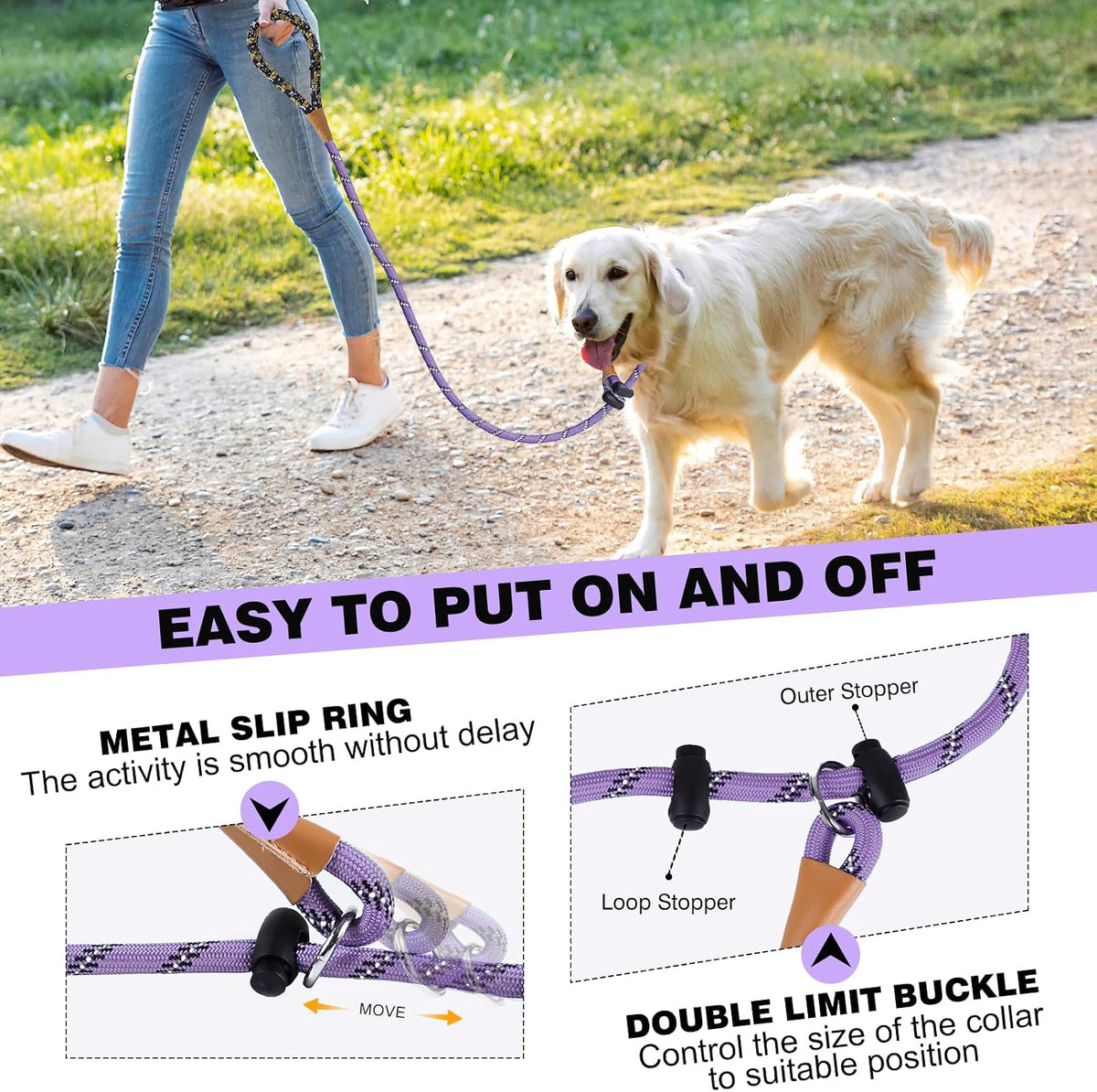 Slip Lead Dog Leash Reflective Training Durable Braided Rope Leashes – Essentials for Dogs - Light Purple / 2PCS Large 1/2in x 6ft - image 3