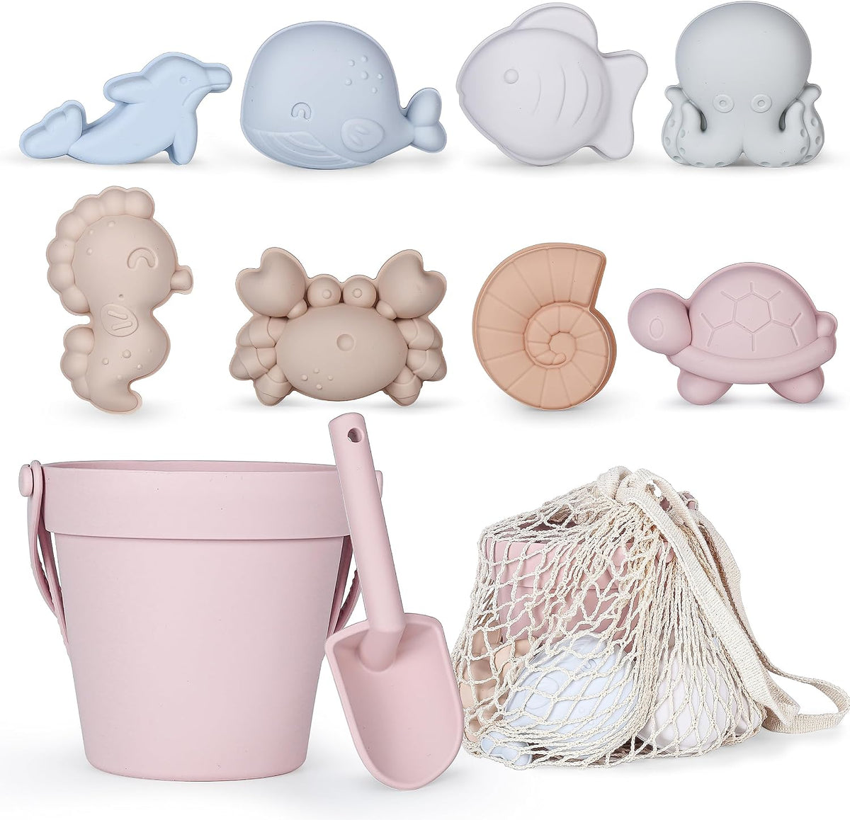 MarcZero 11Pcs Silicone Beach Toys, Bucket & Sand Toys - Pink