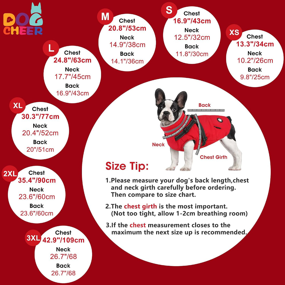 Dogcheer Dog Winter Coat with Harness - Red / Small(Chest:16.9", Back:11.8" Neck:12.5") - image 3