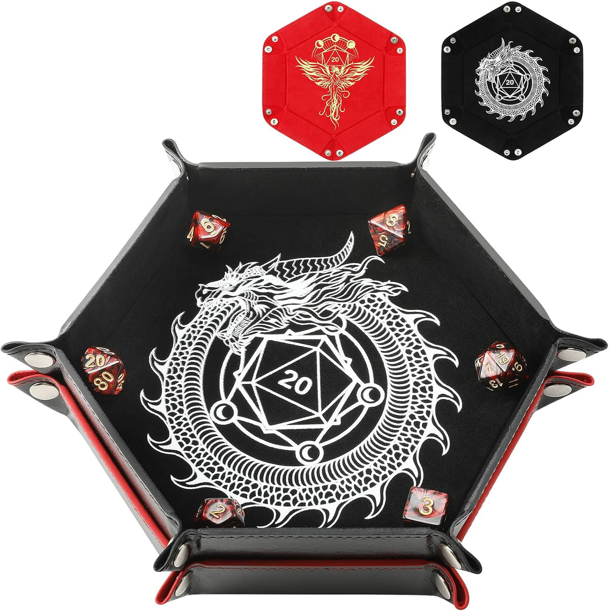 Grajar 2 Pcs Portable Folding Dice Rolling Tray Set for RPG DND Table - Dragon and Phoenix