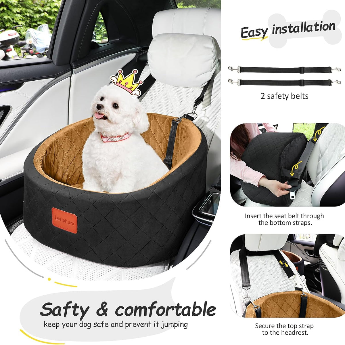 Lealchum Dog Car Seat for Small Dogs Up to 30 Lbs with 2 Safety Dog - Black/Coffee / Small - image 4