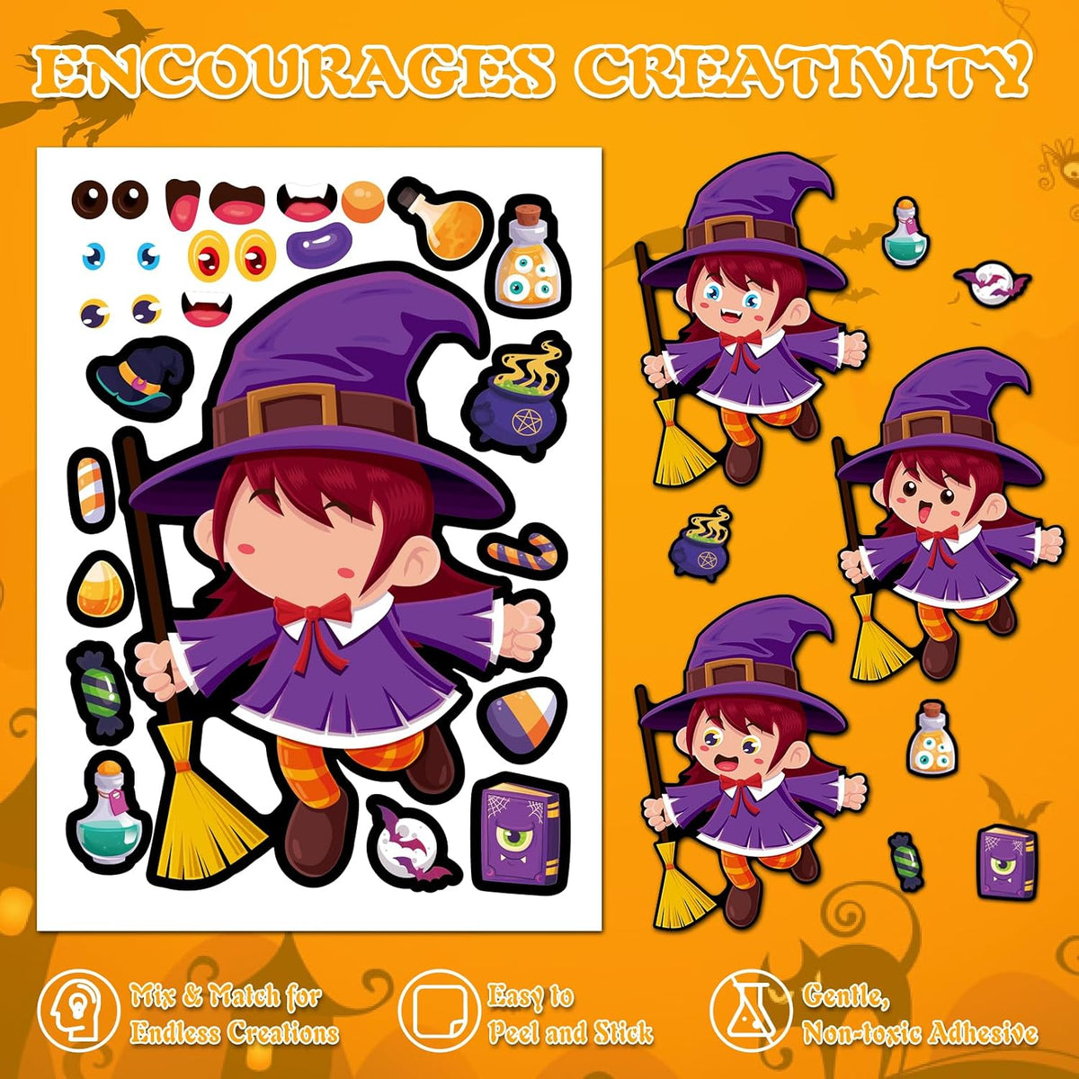 Aowplc Halloween make-a-face sticker sheets with witches, pumpkins and monsters - view 8