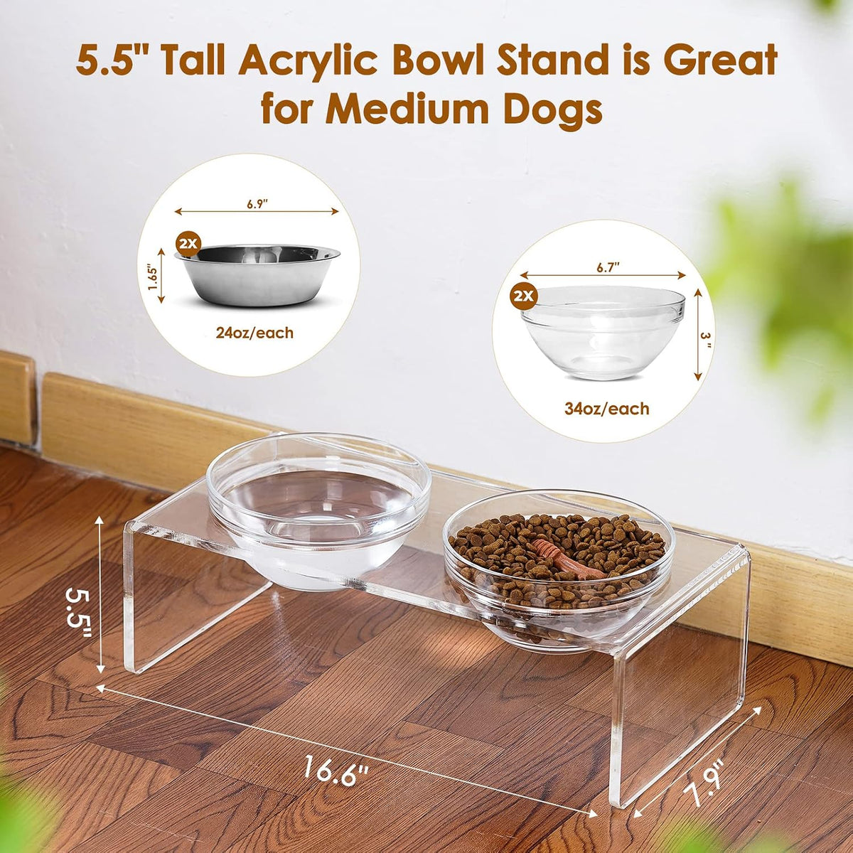 Acrylic Elevated Dog Cat Bowls Pet Feeder Double Bowl Raised Stand - Medium: 5.5'' Height, 34 oz Glass Bowl - image 3