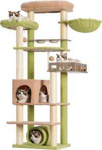 Cat Tree with Tunnel, Cat Tower for Indoor Cats, Tall Cactus Cat Tree Tower with Cat Condo, Food Station, Large Platform, Scratching Posts, Hammock, Green and Yellow GCT021GY