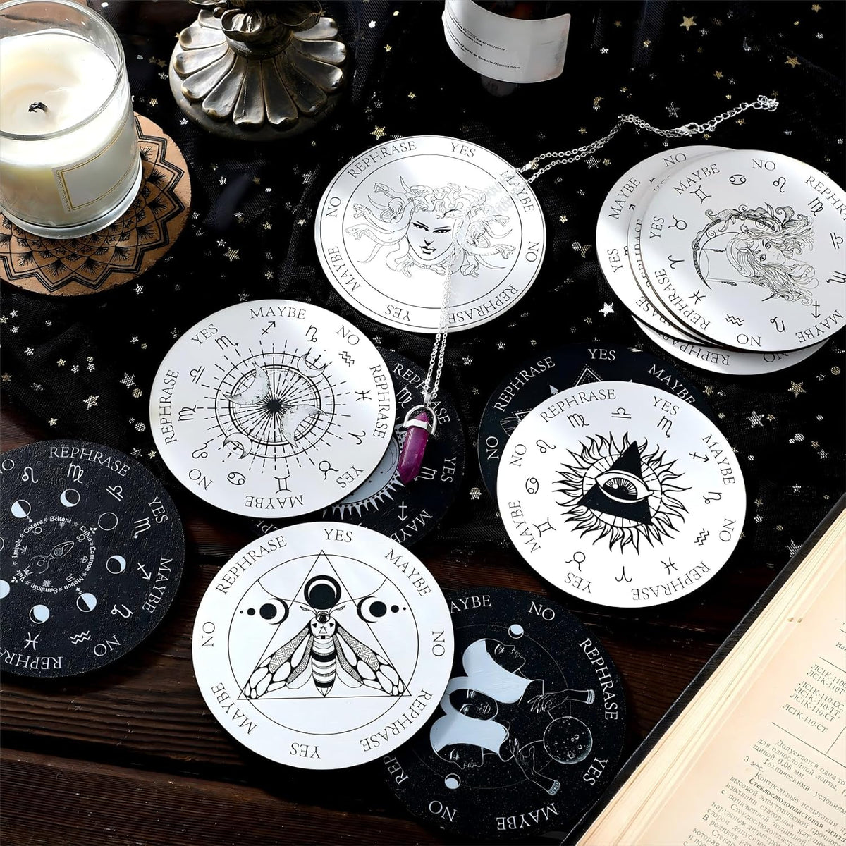 Sureio 13 Pcs Pendulum Boards Double Sided Wooden Star Dowsing Crystal – Fun for Kids & Family - image 4