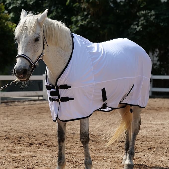 Horse Fly Sheet Equine Summer Sheets, Comfy Mesh Bug and Mosquito Protection Standard Neck - White 78"