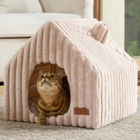 FUKUMARU Cat Bed Cave, Enclosed Washable Covered Dog Bed with Support Frame – Essentials for Cats - Pink Beige / 17 Inch (Cats up to 15 lbs, Dogs up to 10 lbs)