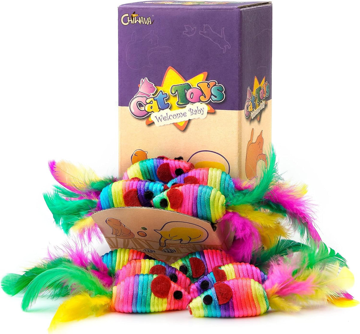 CHIWAVA 24PCS 5" Rattle Cat Toys Mice with Feathers Rainbow Rope Mouse – Essentials for Cats - image 2