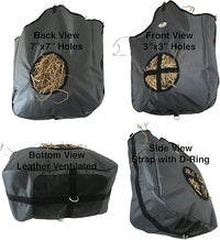 Majestic Ally Nylon Hay Feeder Tote Bag for Horse, Goat, Sheep - Double Sides Open Feed Hole with Faux Leather Ventilated Bottom- Premium Quality -Simulates Grazing - Reduces Waste (Dark Gray)