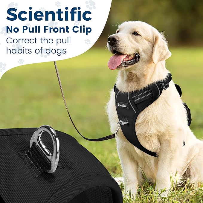 Funfox Dog Harness No Pull, Adjustable Pet Vest Harness, Super Soft Material with Vertical Handle Easy Control, Reflective Night Walking, 2 Leash Clips for Medium Sized Dogs, Black, M