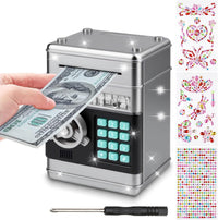 Piggy Bank for Kids Girls Boys with Password Code Lock Cash Coin Can - Silver
