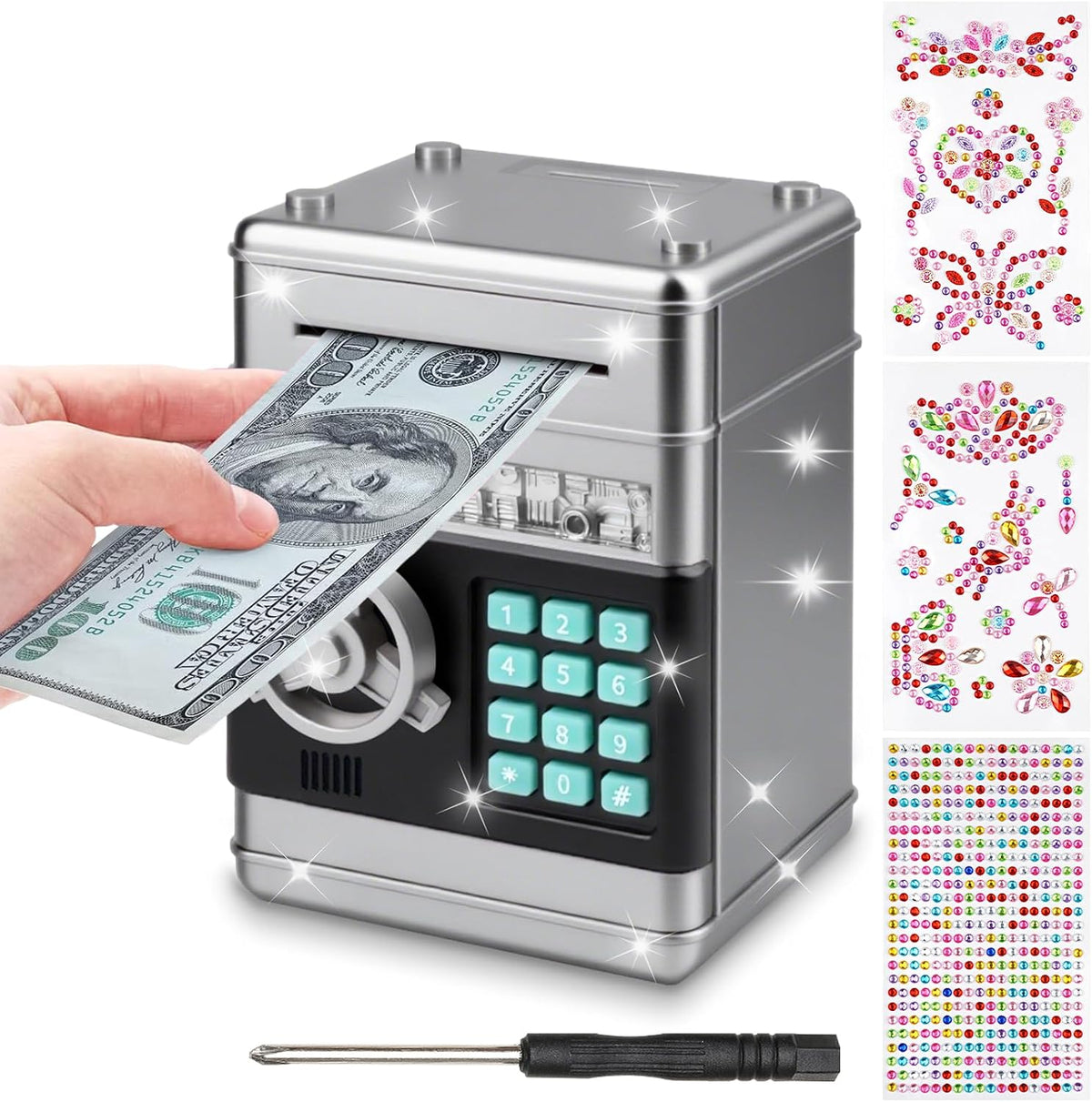 Piggy Bank for Kids Girls Boys with Password Code Lock Cash Coin Can - Silver
