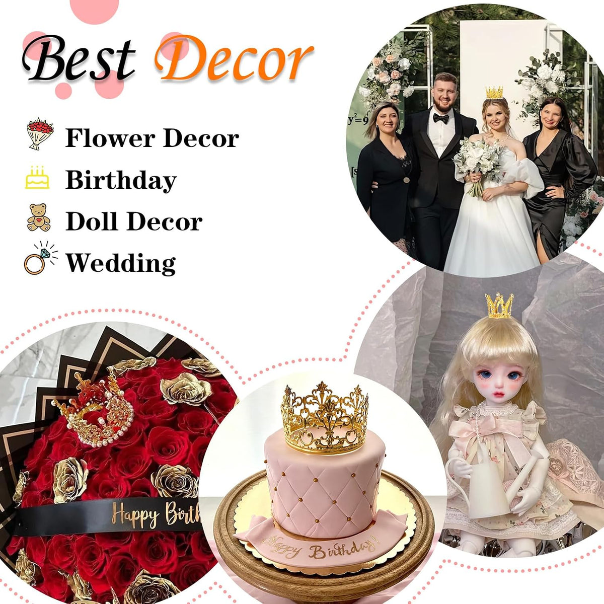 COIDEA gold crown cake toppers in four sizes with crystals and pearls - view 5