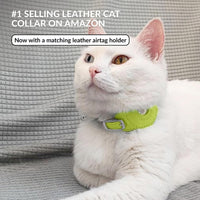 Soft Leather Cat Collar with Safety Elastic Strap - 6-7 Inch (AirTag Holder) / Lime Green - image 2