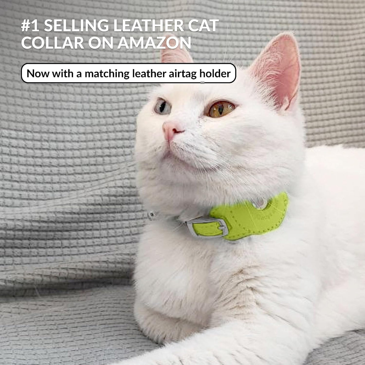 Soft Leather Cat Collar with Safety Elastic Strap - 6-7 Inch (AirTag Holder) / Lime Green - image 2