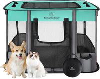 ROMANTIC BEAR Dog Playpen, Foldable Pet Puppy Cat Playpen, L - Green / Medium(31"x23"x21")