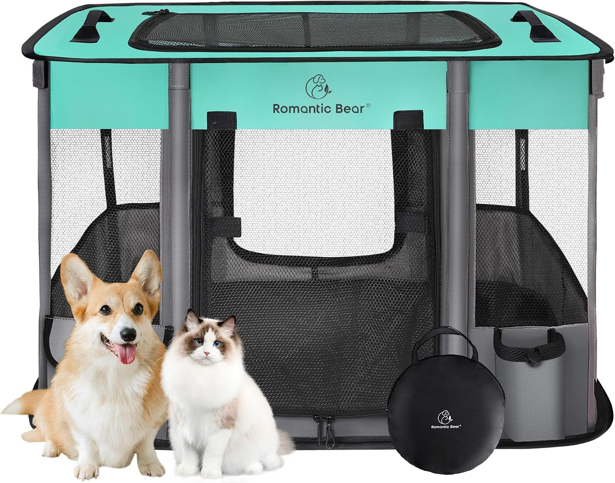 ROMANTIC BEAR Dog Playpen, Foldable Pet Puppy Cat Playpen, L - Green / Medium(31"x23"x21")