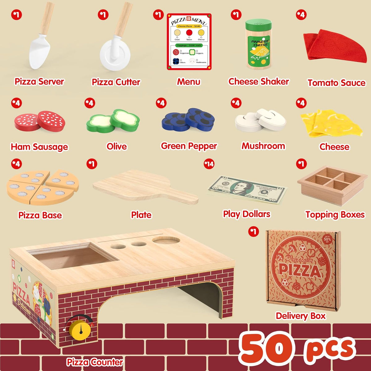 WOODMAM Wooden Pizza Toy, 48 PCS Montessori Pretend Play Food for Ages 3+ – Fun for Kids & Family - Non-Foldable Wooden Oven - image 3