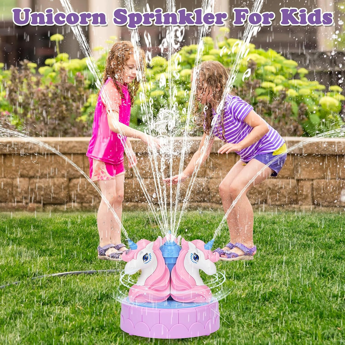 Airyard spinning unicorn sprinkler for kids with castle base spraying water - view 2