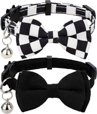Collar for Cat Pet Breakaway with Bell Bowtie Detachable Bow - Plaid & Solid-Black