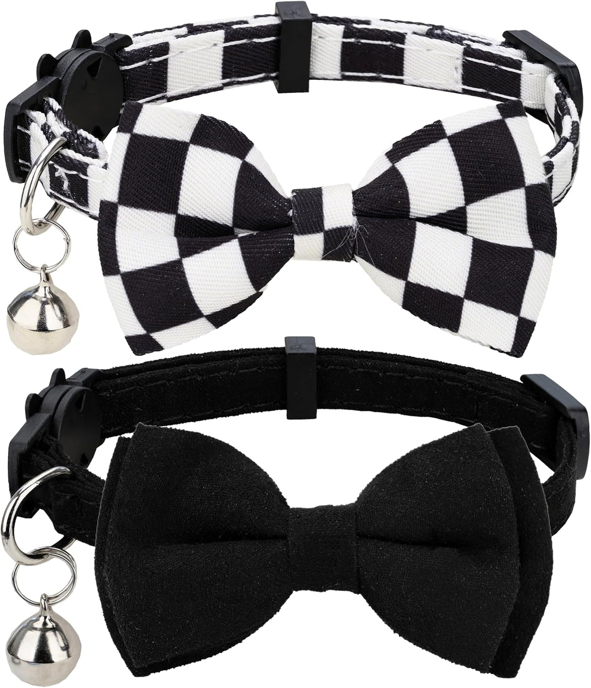 Collar for Cat Pet Breakaway with Bell Bowtie Detachable Bow - Plaid & Solid-Black