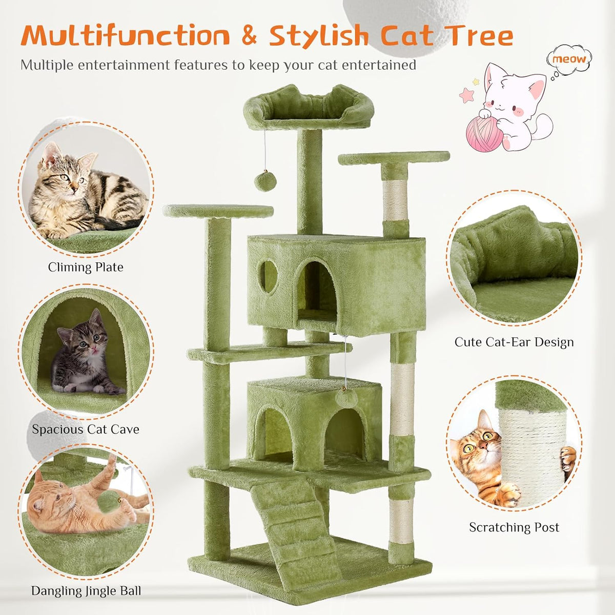 Sweetcrispy 54-inch Cat Tree Tower with Scratching Posts - Green / 54 IN - image 3