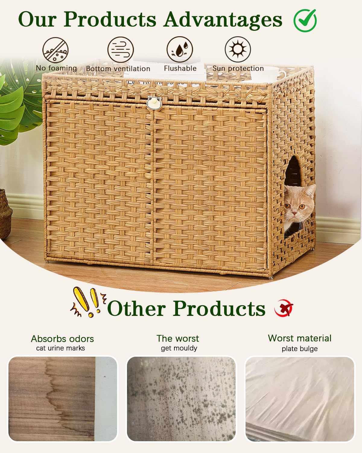 Cat Litter Box Enclosure, Extra Large Hidden PE Rattan Natural – Essentials for Cats - Natural - image 3